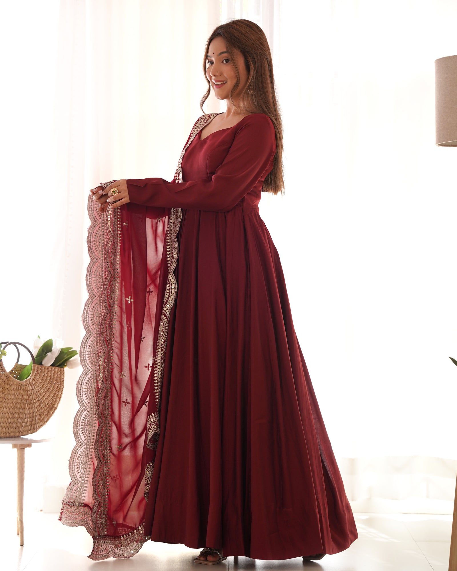 Maroon Premium Quality Pure Romansilk Chanderi Anarkali Gown with Dupatta & Pant Set - Ready to Wear