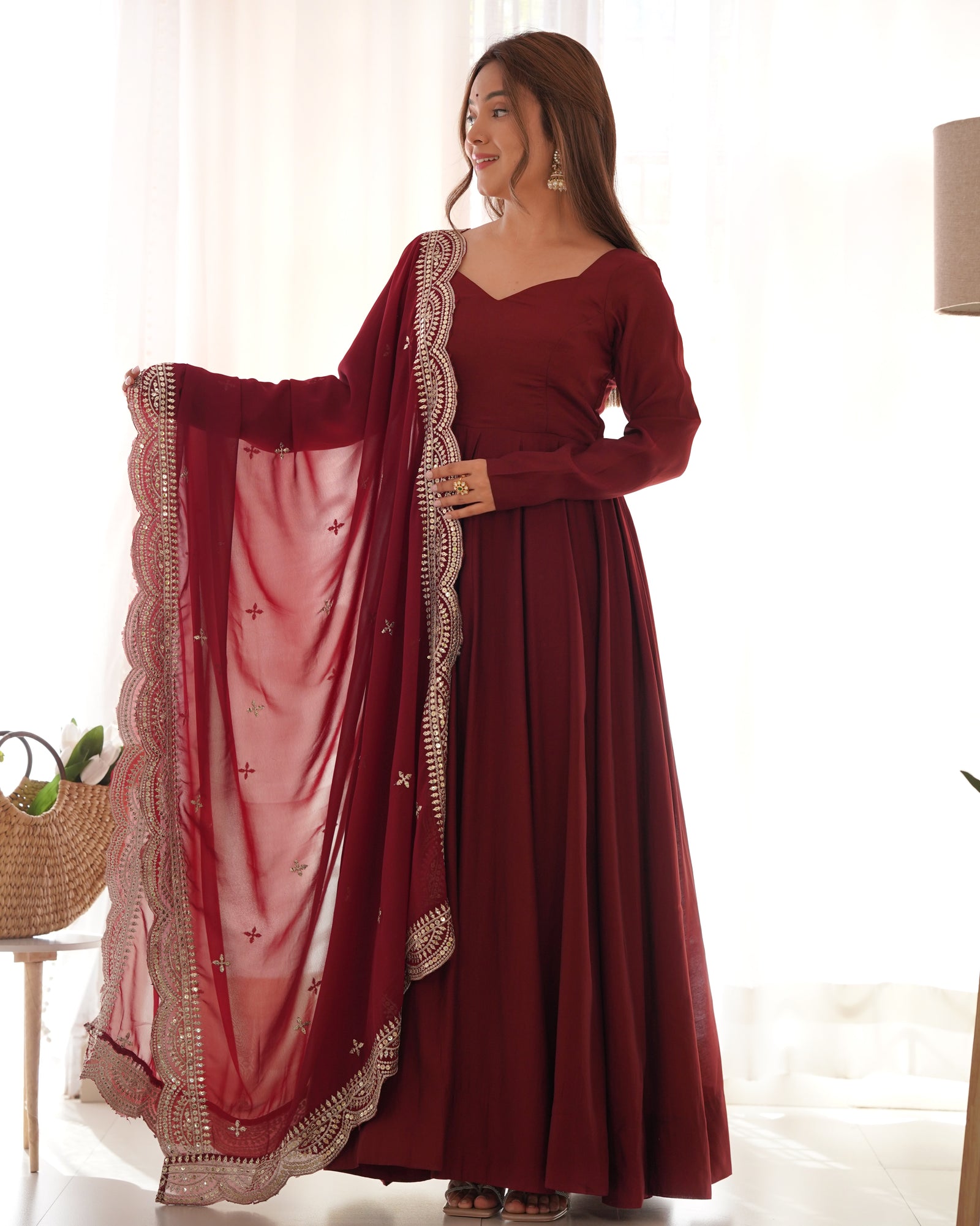 Maroon Premium Quality Pure Romansilk Chanderi Anarkali Gown with Dupatta & Pant Set - Ready to Wear
