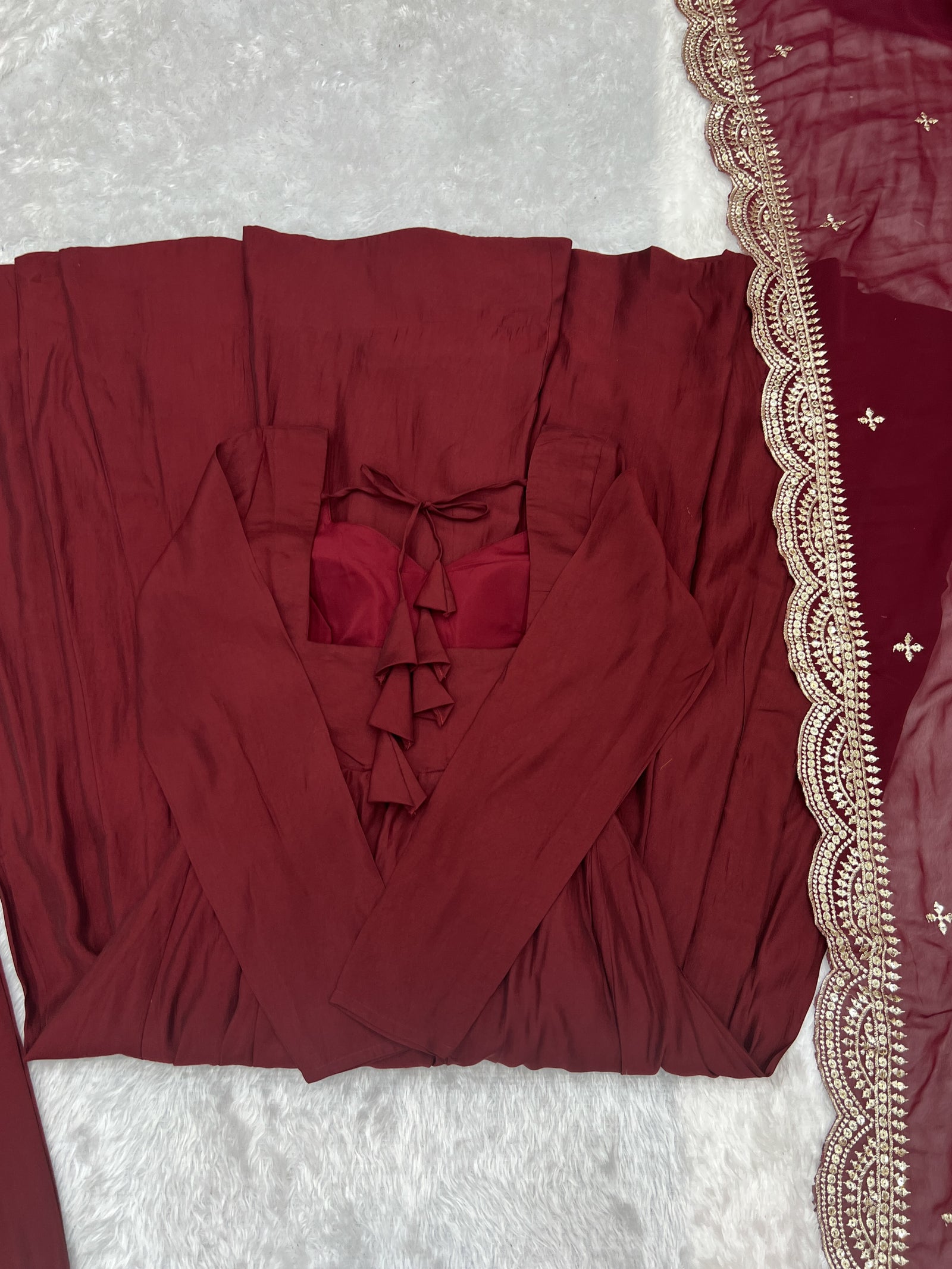 Maroon Premium Quality Pure Romansilk Chanderi Anarkali Gown with Dupatta & Pant Set - Ready to Wear