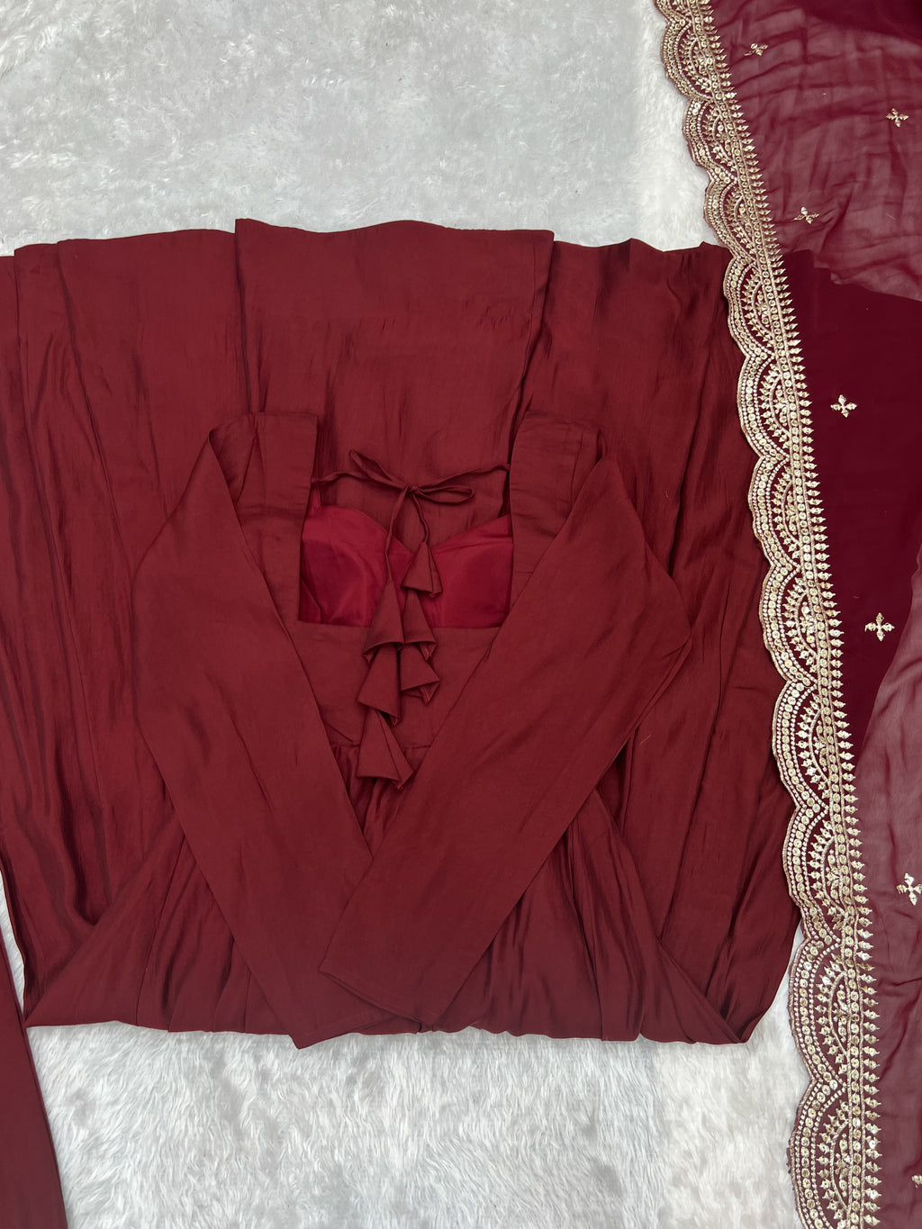 Maroon Premium Quality Pure Romansilk Chanderi Anarkali Gown with Dupatta & Pant Set - Ready to Wear