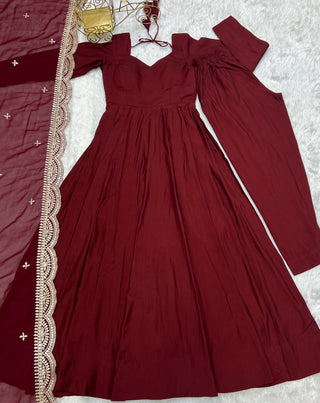 Maroon Premium Quality Pure Romansilk Chanderi Anarkali Gown with Dupatta & Pant Set - Ready to Wear