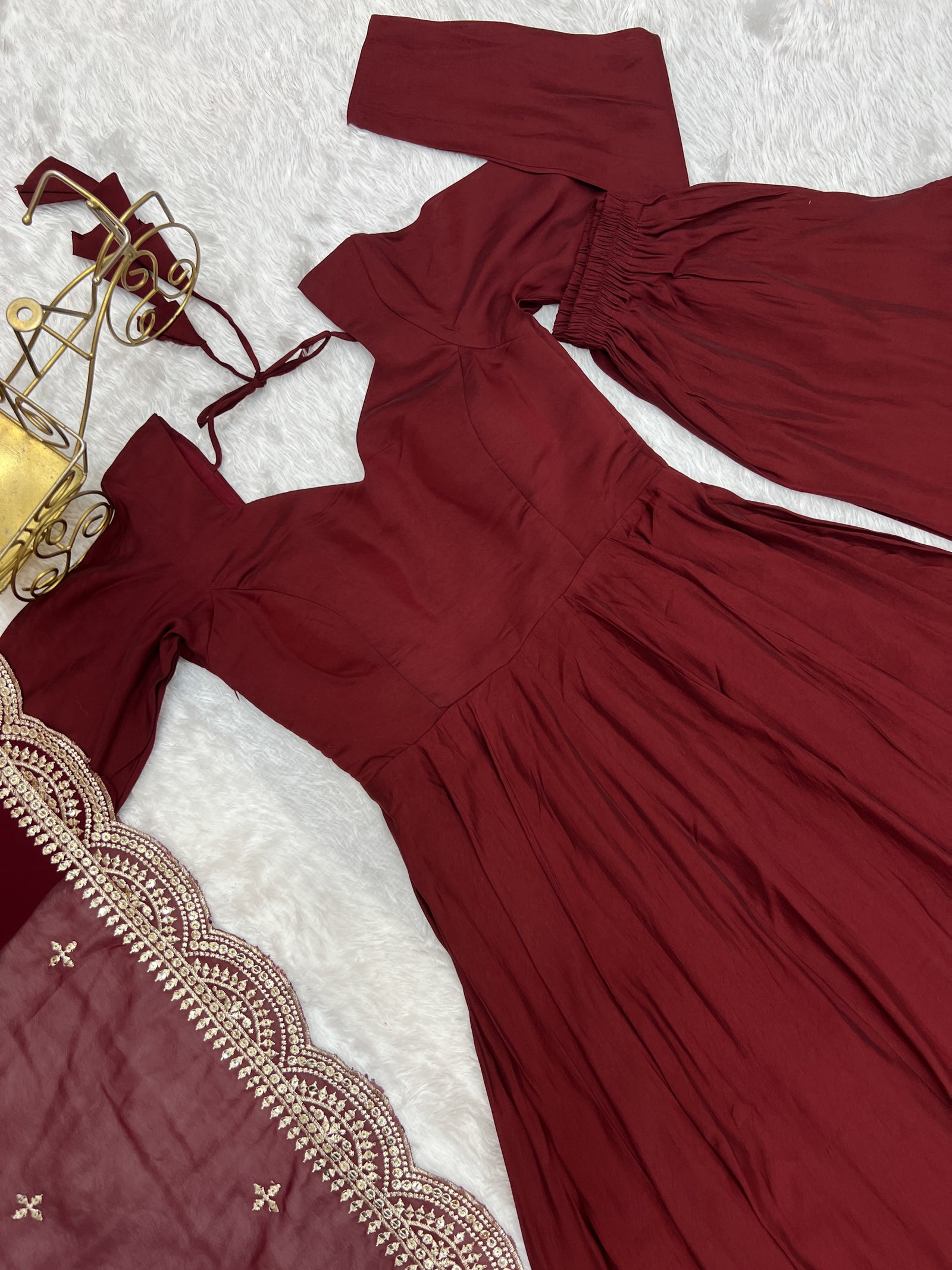 Maroon Premium Quality Pure Romansilk Chanderi Anarkali Gown with Dupatta & Pant Set - Ready to Wear