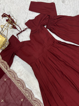 Maroon Premium Quality Pure Romansilk Chanderi Anarkali Gown with Dupatta & Pant Set - Ready to Wear