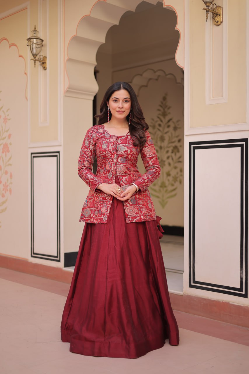 Maroon Premium Vichitra Silk Lehenga Set with Jequard Blouse & Hexagon Latkan Detailing ClothsVilla Main image