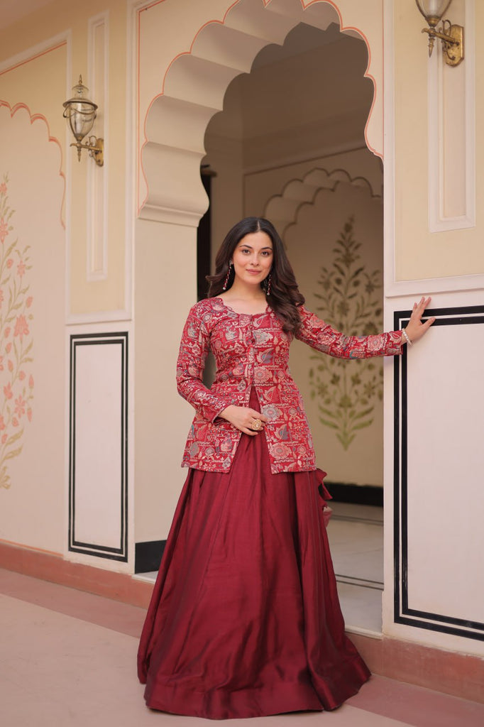 Maroon Premium Vichitra Silk Lehenga Set with Jequard Blouse & Hexagon Latkan Detailing ClothsVilla
