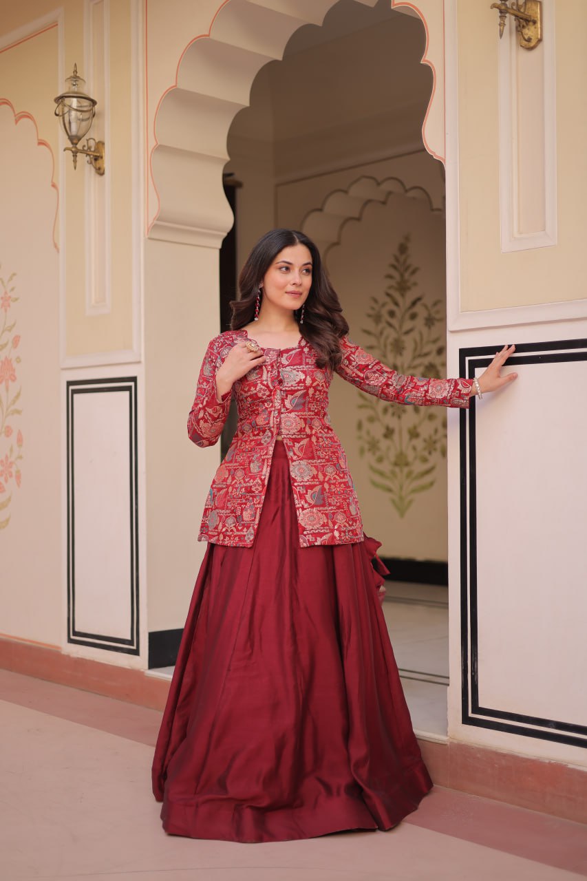 Maroon Premium Vichitra Silk Lehenga Set with Jequard Blouse & Hexagon Latkan Detailing Secondary image