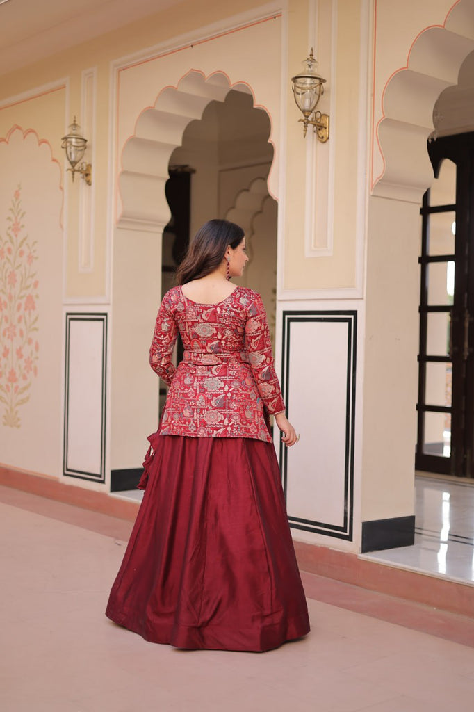 Maroon Premium Vichitra Silk Lehenga Set with Jequard Blouse & Hexagon Latkan Detailing ClothsVilla
