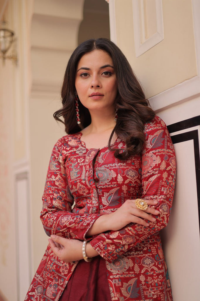 Maroon Premium Vichitra Silk Lehenga Set with Jequard Blouse & Hexagon Latkan Detailing ClothsVilla