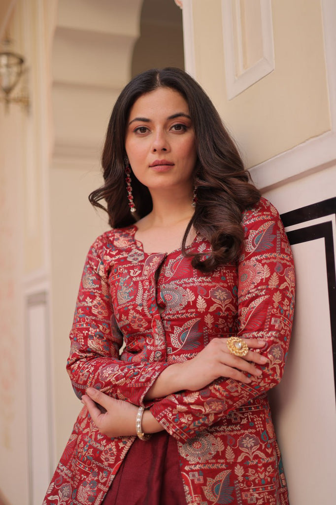 Maroon Premium Vichitra Silk Lehenga Set with Jequard Blouse & Hexagon Latkan Detailing ClothsVilla