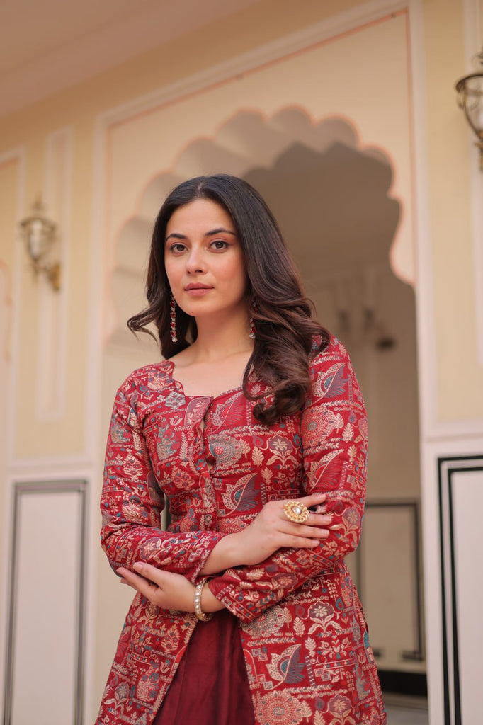 Maroon Premium Vichitra Silk Lehenga Set with Jequard Blouse & Hexagon Latkan Detailing ClothsVilla