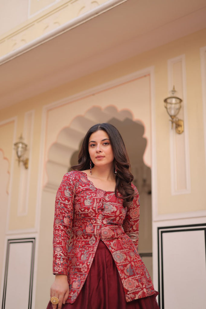 Maroon Premium Vichitra Silk Lehenga Set with Jequard Blouse & Hexagon Latkan Detailing ClothsVilla