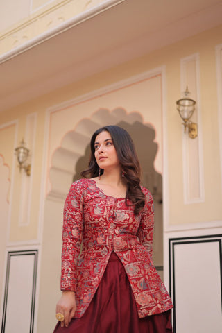 Maroon Premium Vichitra Silk Lehenga Set with Jequard Blouse & Hexagon Latkan Detailing ClothsVilla