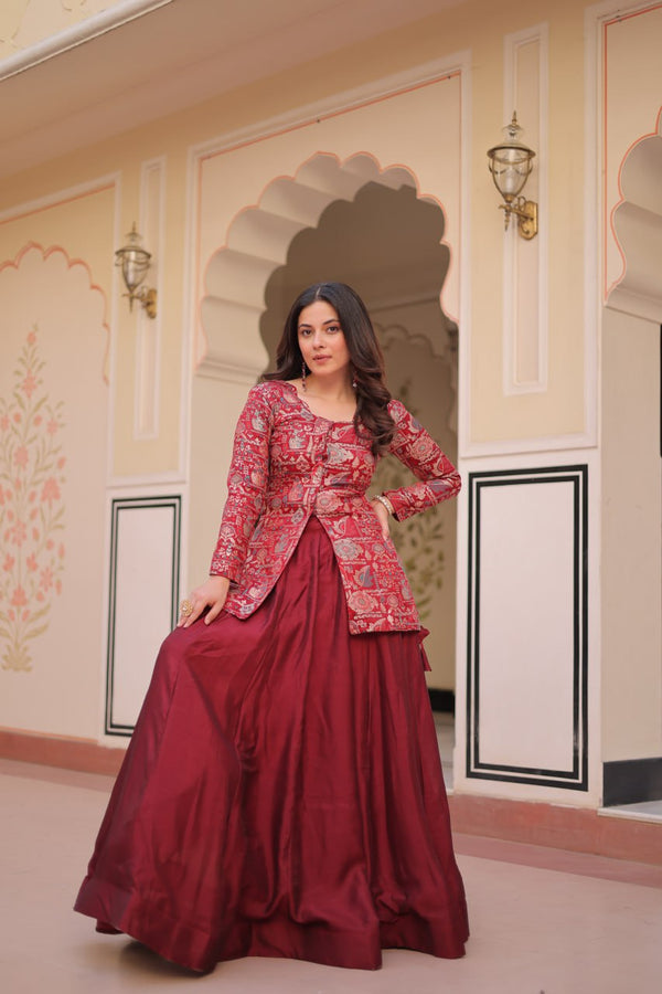 Maroon Premium Vichitra Silk Lehenga Set with Jequard Blouse & Hexagon Latkan Detailing ClothsVilla