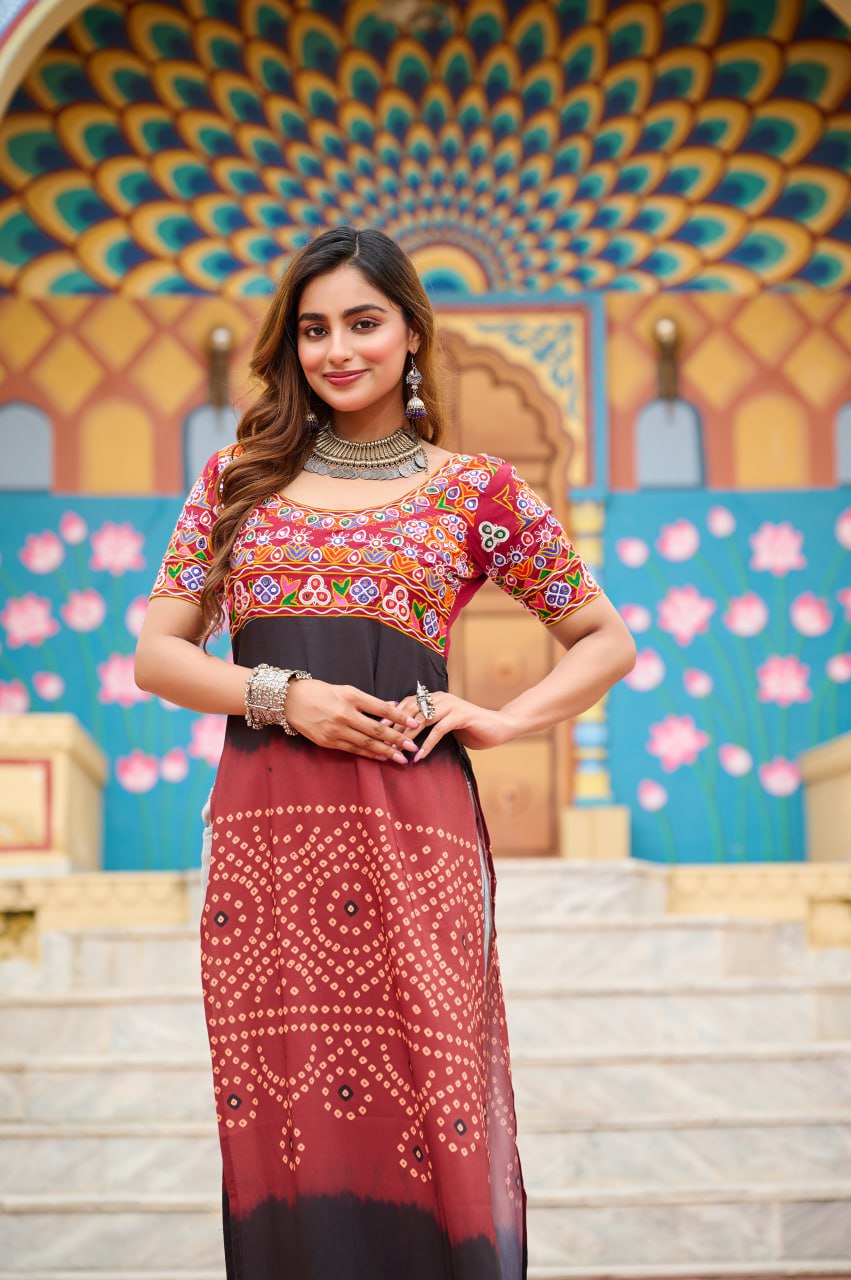 Maroon Printed Rayon Kurti with Kutchi Gamthi Work – Round Neck, Half Sleeves, Cotton Lined ClothsVilla