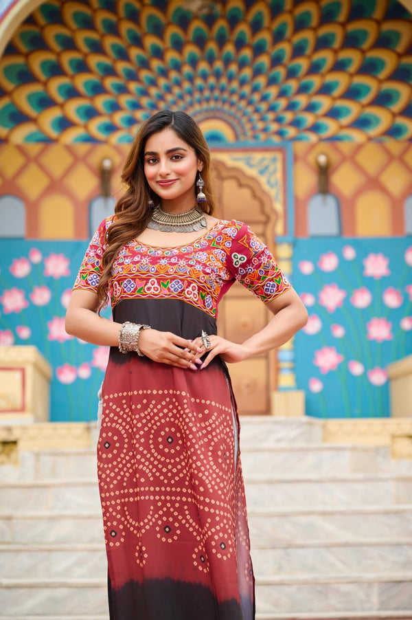 Maroon Printed Rayon Kurti with Kutchi Gamthi Work – Round Neck, Half Sleeves, Cotton Lined ClothsVilla