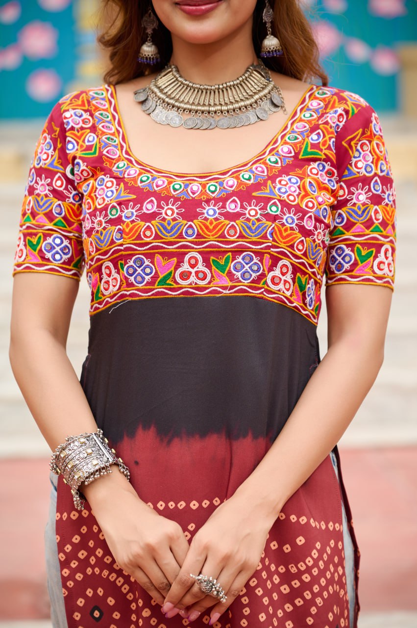 Maroon Printed Rayon Kurti with Kutchi Gamthi Work – Round Neck, Half Sleeves, Cotton Lined ClothsVilla