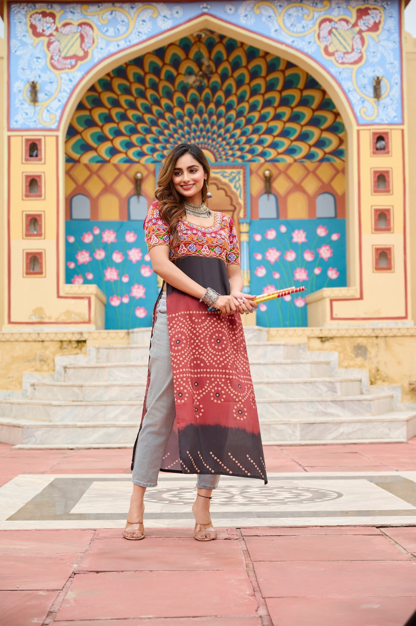 Maroon Printed Rayon Kurti with Kutchi Gamthi Work – Round Neck, Half Sleeves, Cotton Lined ClothsVilla