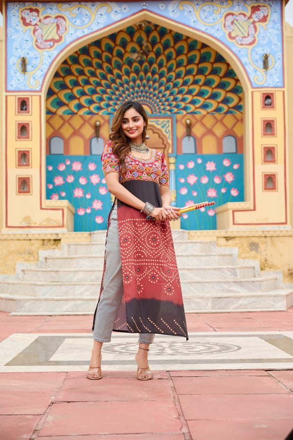 Maroon Printed Rayon Kurti with Kutchi Gamthi Work – Round Neck, Half Sleeves, Cotton Lined ClothsVilla