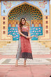 Load image into Gallery viewer, Maroon Printed Rayon Kurti with Kutchi Gamthi Work – Round Neck, Half Sleeves, Cotton Lined ClothsVilla