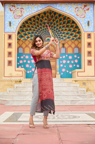 Maroon Printed Rayon Kurti with Kutchi Gamthi Work – Round Neck, Half Sleeves, Cotton Lined ClothsVilla