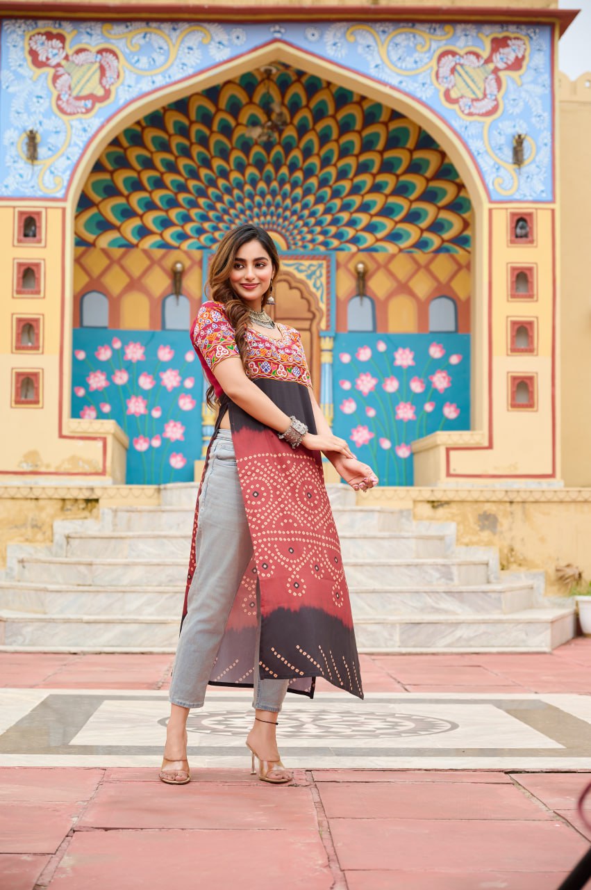 Maroon Printed Rayon Kurti with Kutchi Gamthi Work – Round Neck, Half Sleeves, Cotton Lined ClothsVilla