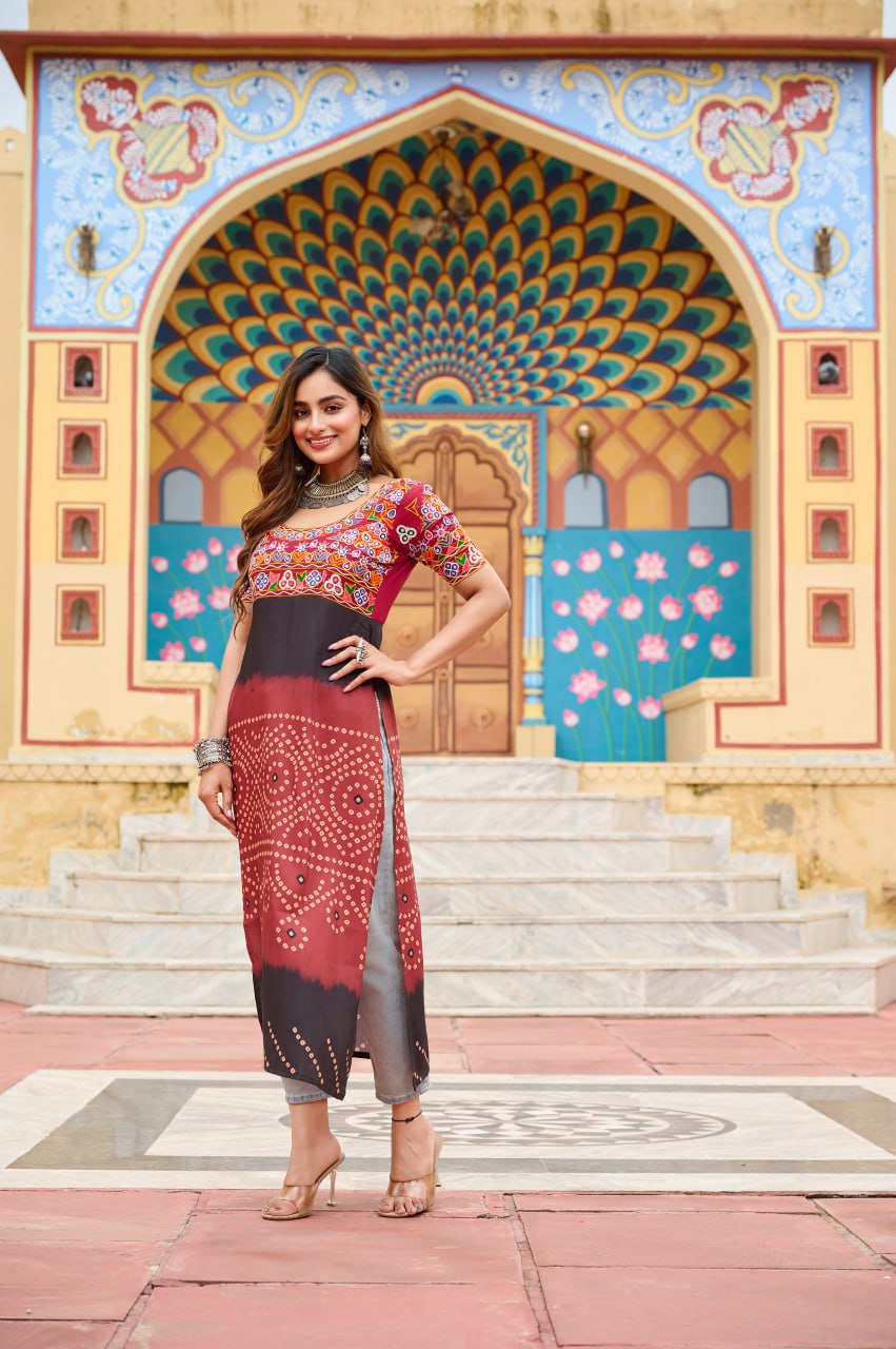 Maroon Printed Rayon Kurti with Kutchi Gamthi Work – Round Neck, Half Sleeves, Cotton Lined ClothsVilla