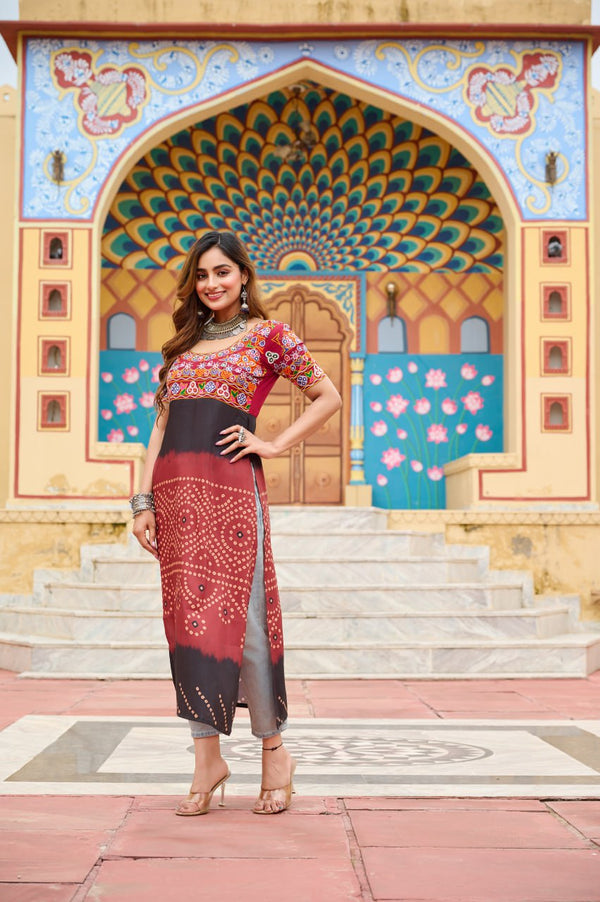 Maroon Printed Rayon Kurti with Kutchi Gamthi Work – Round Neck, Half Sleeves, Cotton Lined ClothsVilla