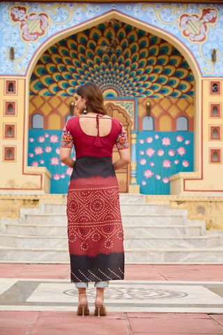 Maroon Printed Rayon Kurti with Kutchi Gamthi Work – Round Neck, Half Sleeves, Cotton Lined ClothsVilla