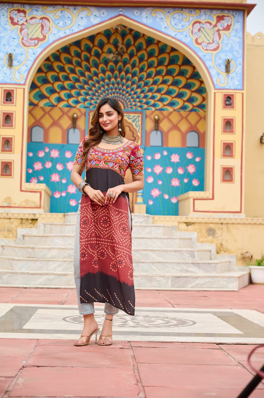 Maroon Printed Rayon Kurti with Kutchi Gamthi Work – Round Neck, Half Sleeves, Cotton Lined ClothsVilla