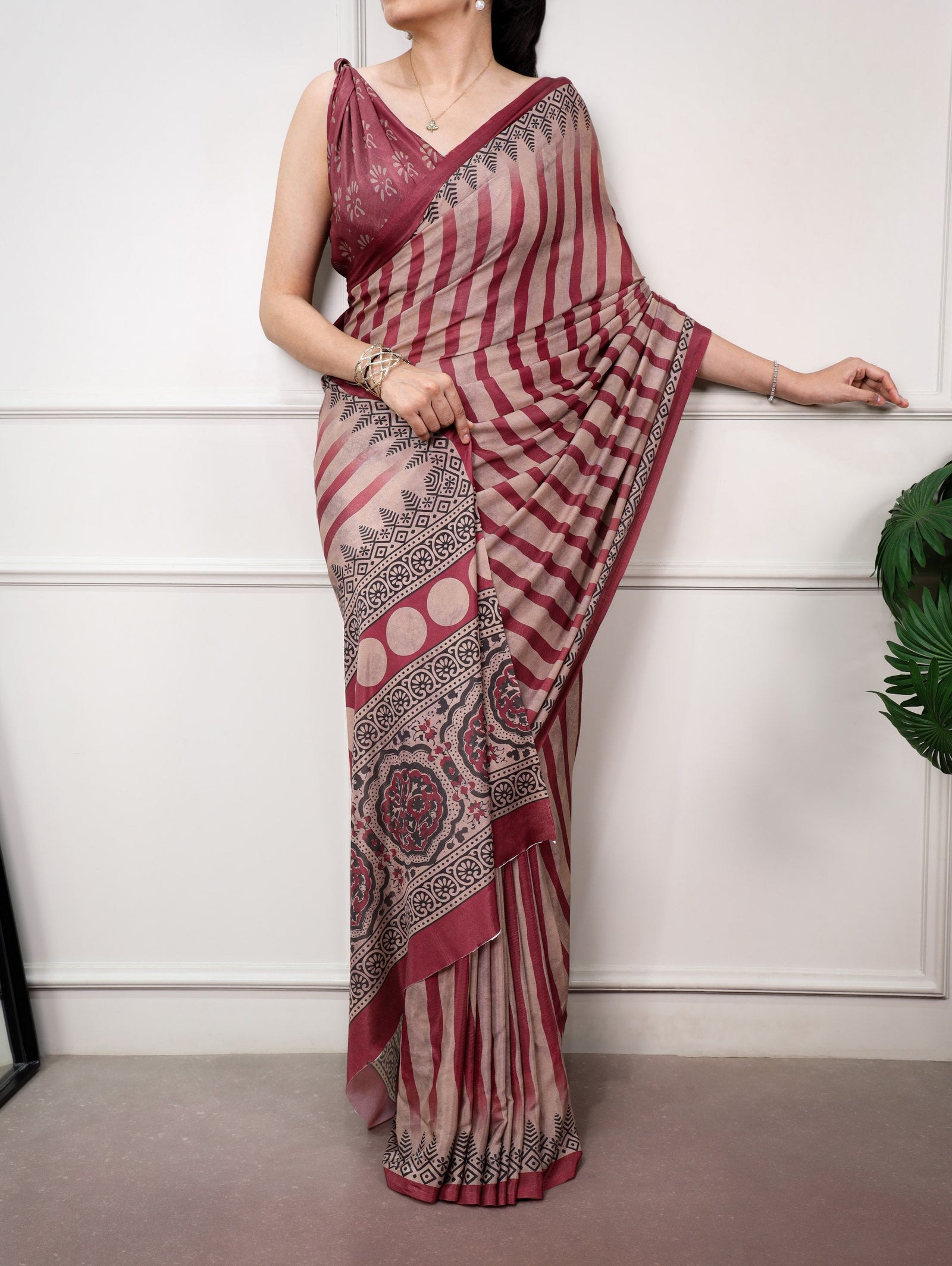 Maroon Printed Satin Silk Saree ClothsVilla