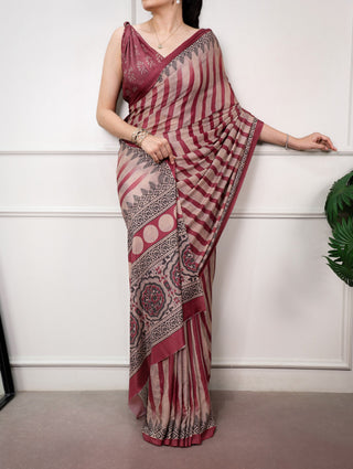 Maroon Printed Satin Silk Saree ClothsVilla