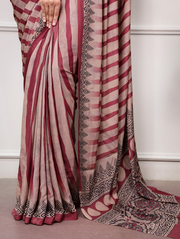 Maroon Printed Satin Silk Saree ClothsVilla