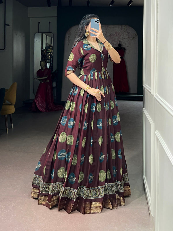 Maroon Printed Traditional Gown ClothsVilla