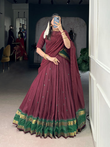Maroon Pure Chanderi Zari Weaving Lehenga Choli Set with Dupatta – Stitched Lehenga, Unstitched Blouse ClothsVilla
