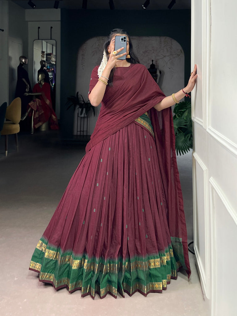 Maroon Pure Chanderi Zari Weaving Lehenga Choli Set with Dupatta – Stitched Lehenga, Unstitched Blouse ClothsVilla