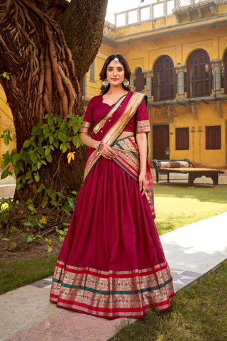 Maroon Pure Chanderi Zari Weaving Lehenga Choli Set with Gotta Patti Detailing & Matching Dupatta – 4-Meter Flair Fully Stitched Ethnic Wear ClothsVilla