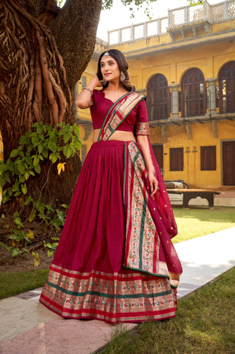 Maroon Pure Chanderi Zari Weaving Lehenga Choli Set with Gotta Patti Detailing & Matching Dupatta – 4-Meter Flair Fully Stitched Ethnic Wear ClothsVilla