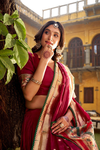 Maroon Pure Chanderi Zari Weaving Lehenga Choli Set with Gotta Patti Detailing & Matching Dupatta – 4-Meter Flair Fully Stitched Ethnic Wear ClothsVilla
