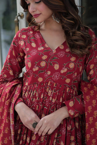 Maroon Pure Cotton 3-Piece Ethnic Suit Set ClothsVilla