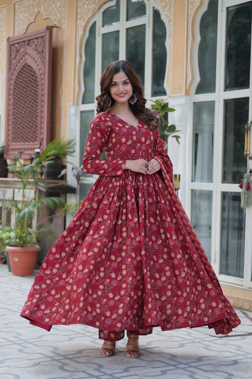 Maroon Pure Cotton 3-Piece Ethnic Suit Set ClothsVilla
