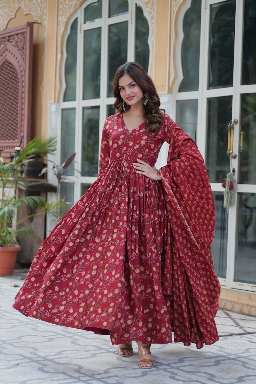 Maroon Pure Cotton 3-Piece Ethnic Suit Set ClothsVilla