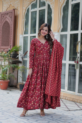 Maroon Pure Cotton 3-Piece Ethnic Suit Set ClothsVilla