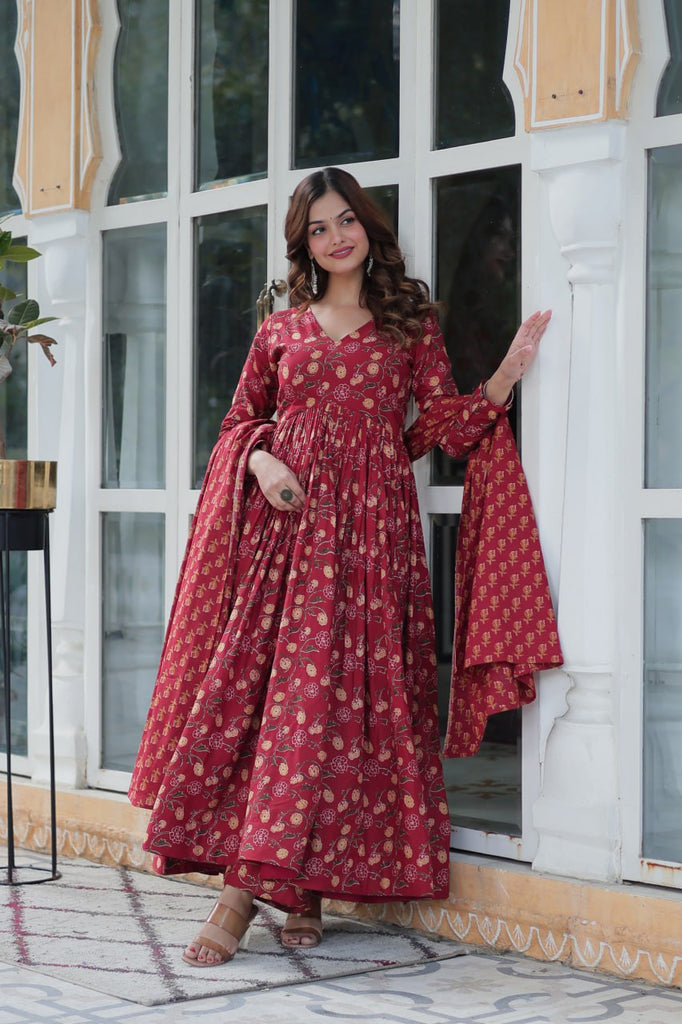 Maroon Pure Cotton 3-Piece Ethnic Suit Set ClothsVilla
