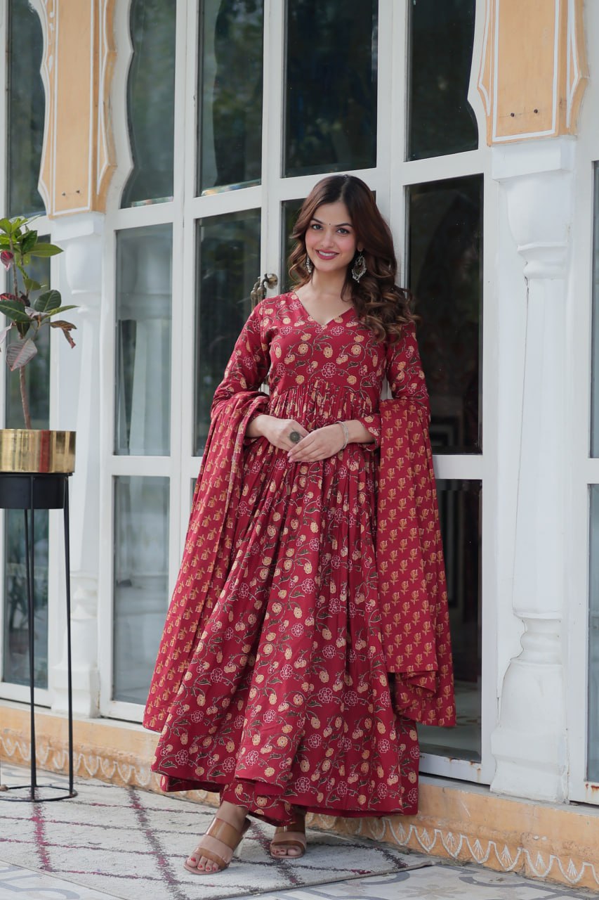 Maroon Pure Cotton 3-Piece Ethnic Suit Set ClothsVilla