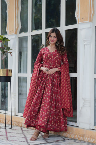 Maroon Pure Cotton 3-Piece Ethnic Suit Set ClothsVilla