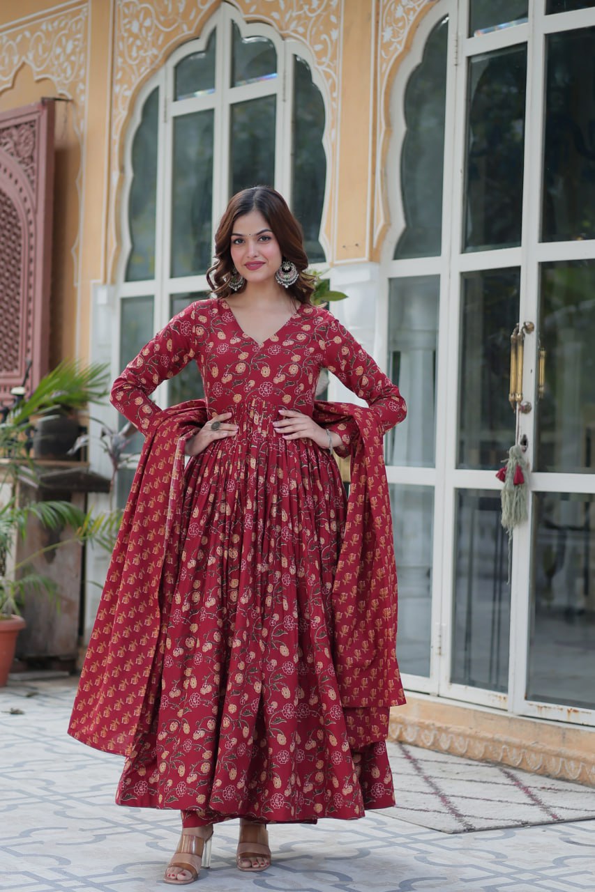 Maroon Pure Cotton 3-Piece Ethnic Suit Set ClothsVilla Main image