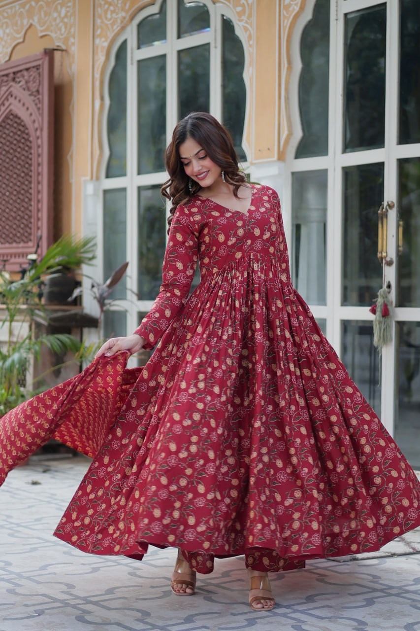 Maroon Pure Cotton 3-Piece Ethnic Suit Set ClothsVilla