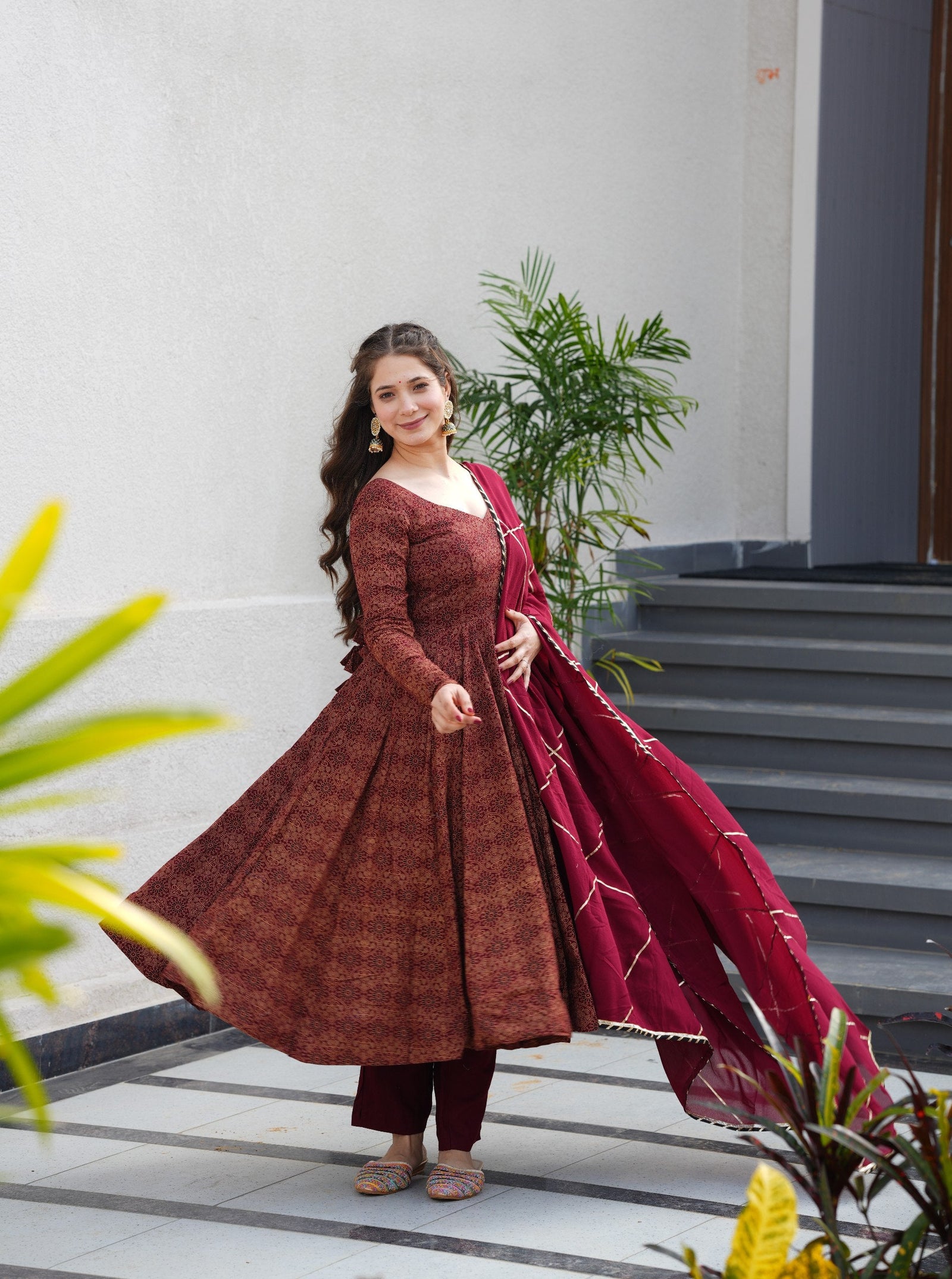 Maroon Pure Cotton Ajrakh Print Anarkali Suit Set with 4.5 Meter Flair, Crape Bottom & Faux Georgette Dupatta ClothsVilla