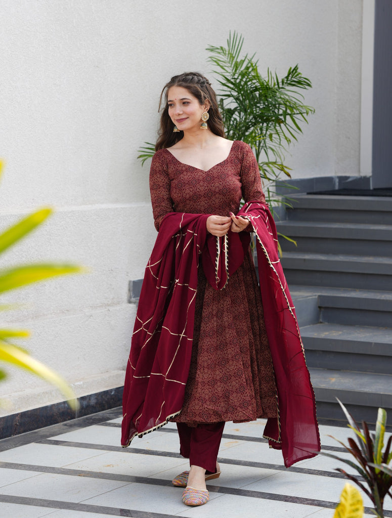Maroon Pure Cotton Ajrakh Print Anarkali Suit Set with 4.5 Meter Flair, Crape Bottom & Faux Georgette Dupatta ClothsVilla