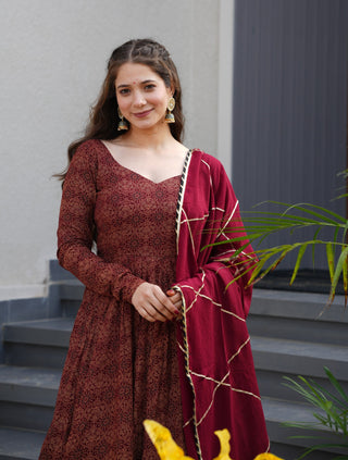 Maroon Pure Cotton Ajrakh Print Anarkali Suit Set with 4.5 Meter Flair, Crape Bottom & Faux Georgette Dupatta ClothsVilla